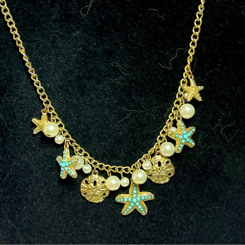 Vintage Beach Natural Blue Turquoise Starfish Shell Gold Pearl Charm Necklace - Picture 10 of 11